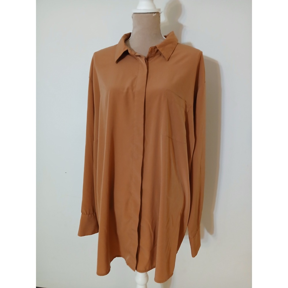 Nine West Womens Plus 4X Caramel Brown Button Down Long Sleeve Blouse Shirt